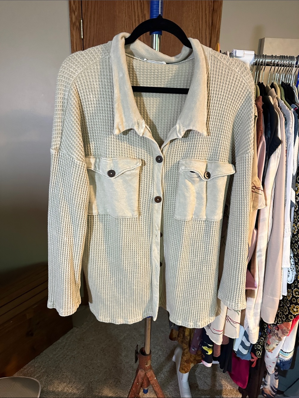 BUCKETLIST Waffle-Knit Utility Shacket in Cream